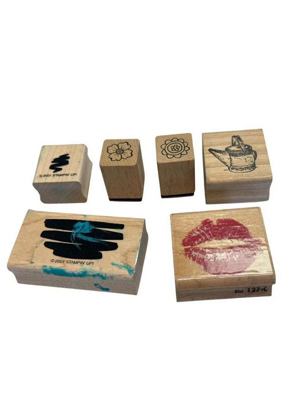 Set Of 6 Stampin Up! Other Rubber Stamps Flower Lips Watering Can Abstract Wood